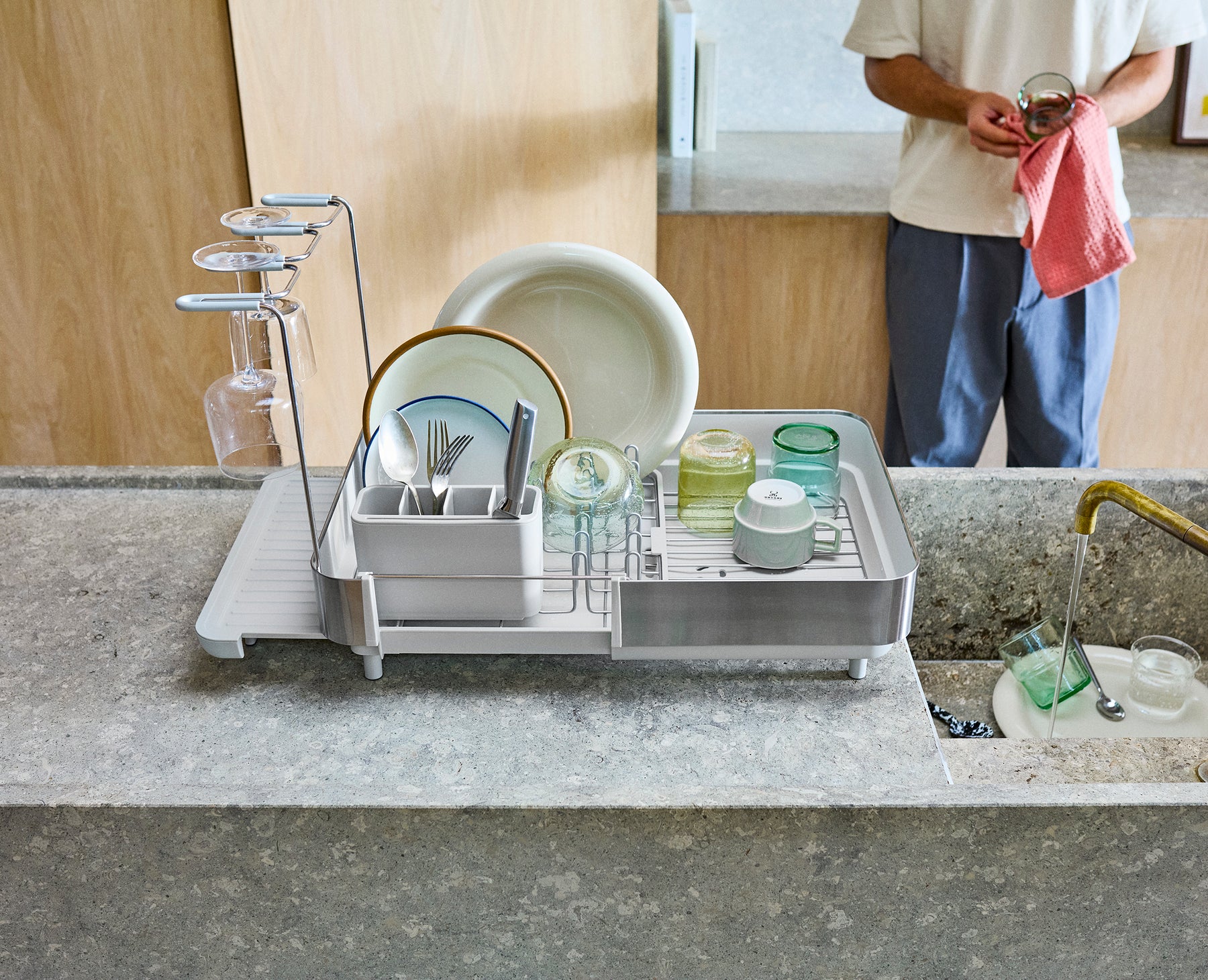 Extend™ Steel Plus Expandable Stone Dish Drainer with Wine Glass Rack