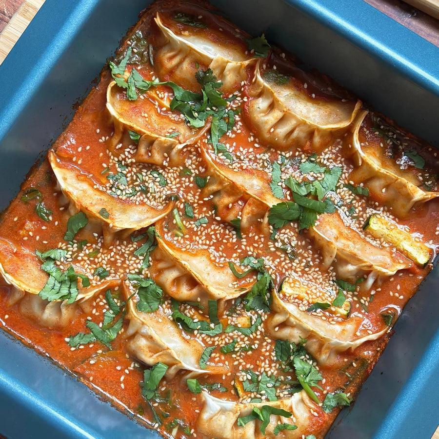 One-Pan Baked Dumplings
